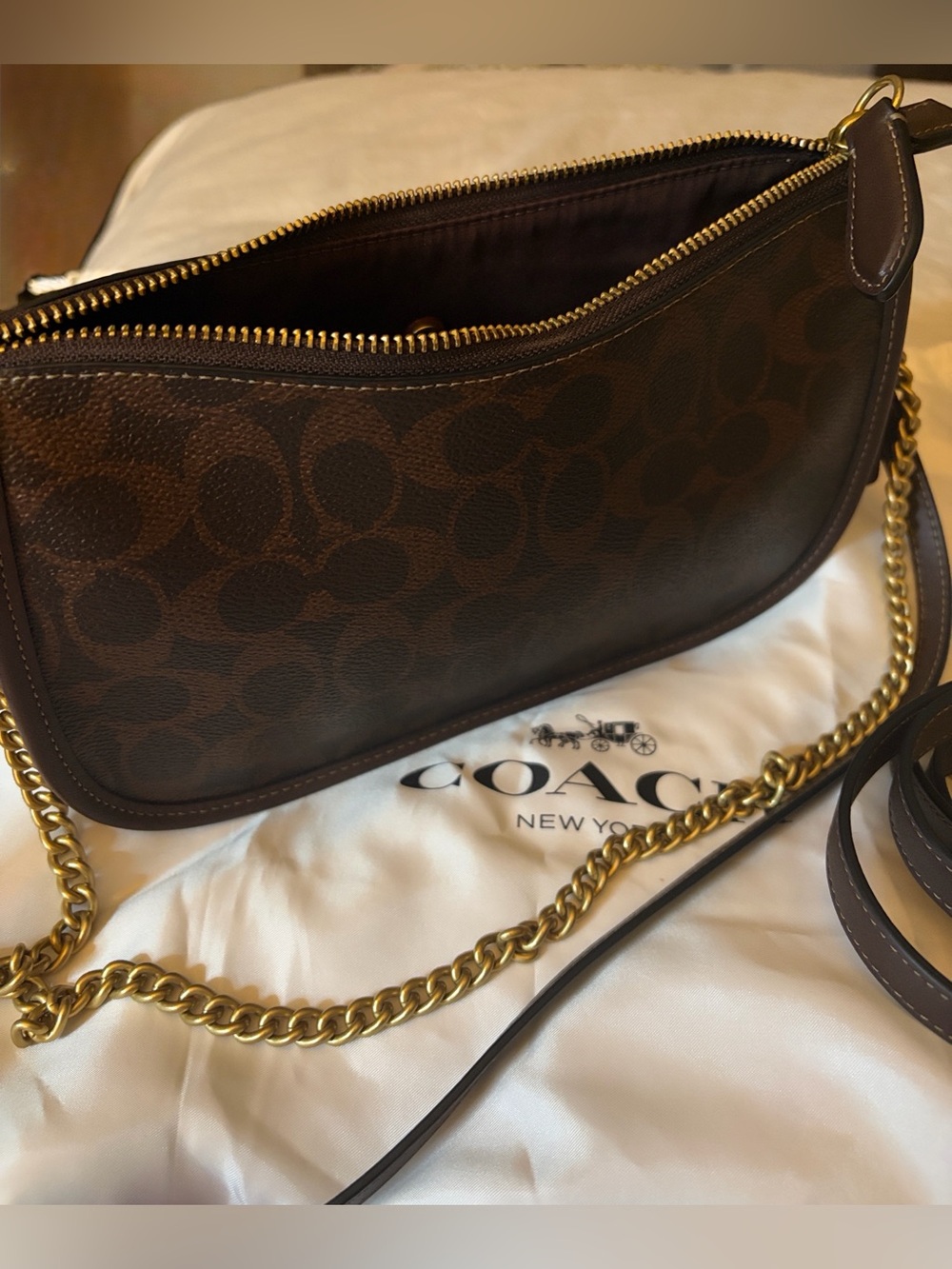 Coach Brown Signature Canvas Crossbody with Gold Chain